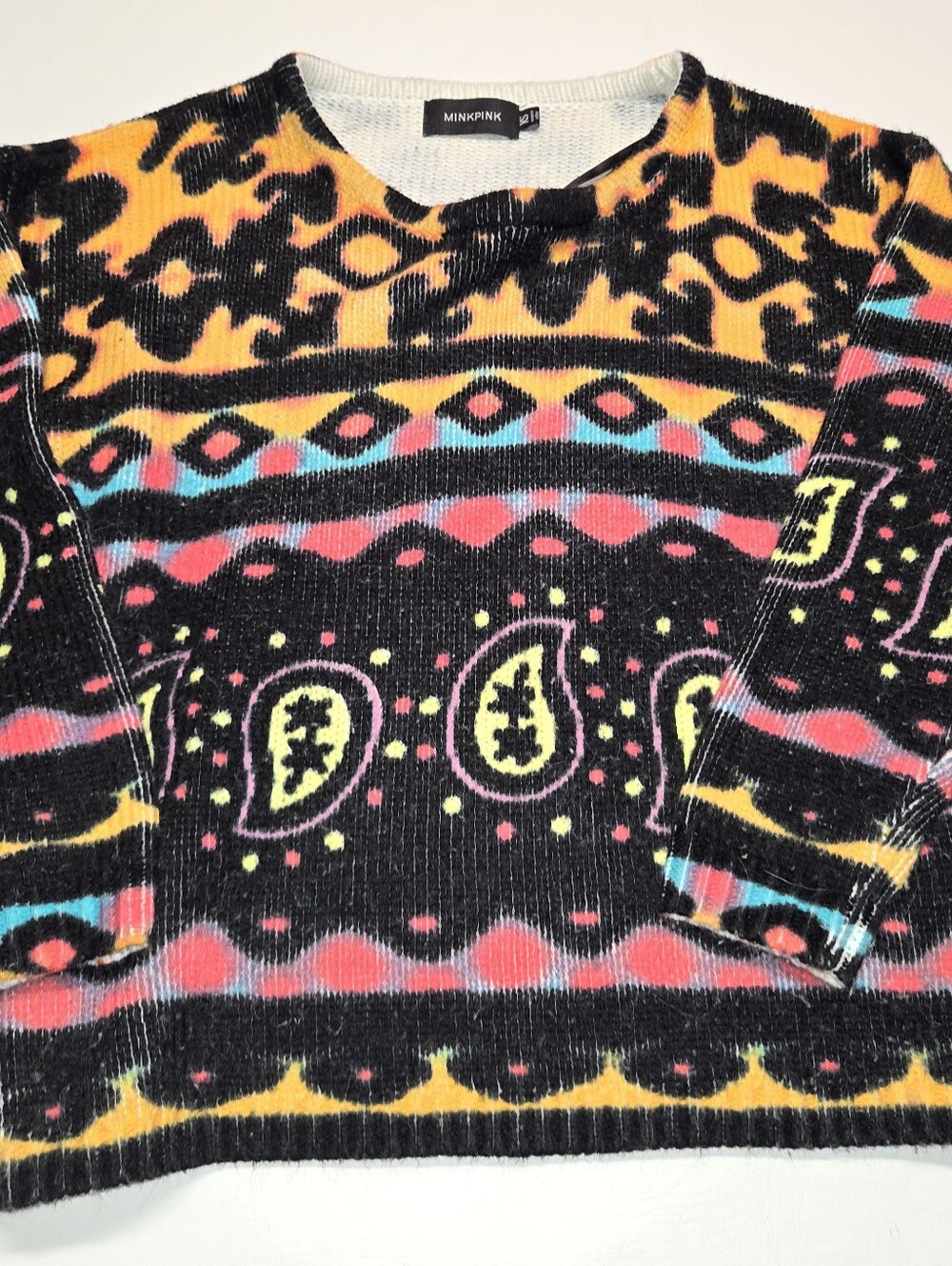 MINKPINK Black Multicolor Paisley & Geometric Knit Sweater